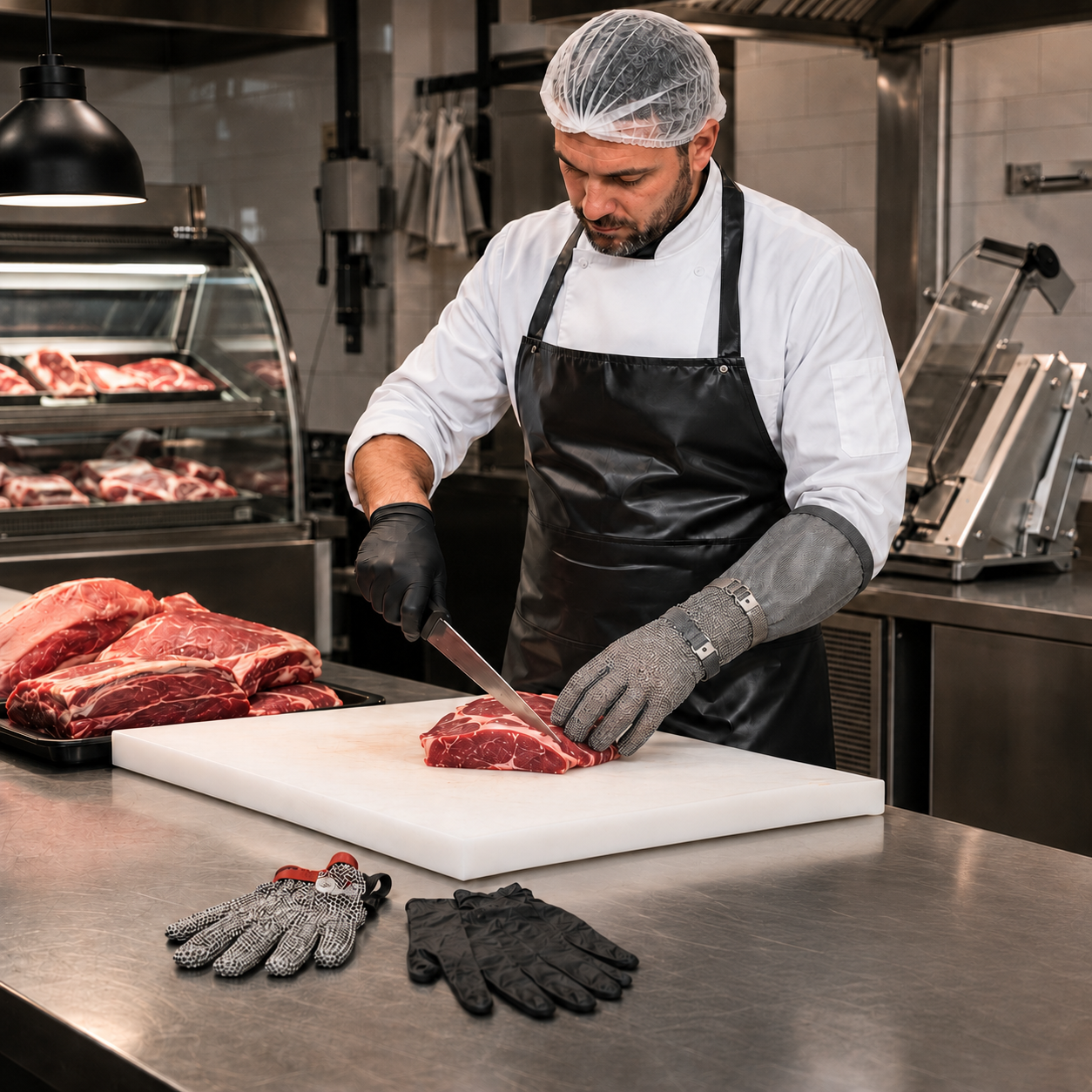 Butcher PPE including chain mail gloves, apron, coat and safety wellingtons