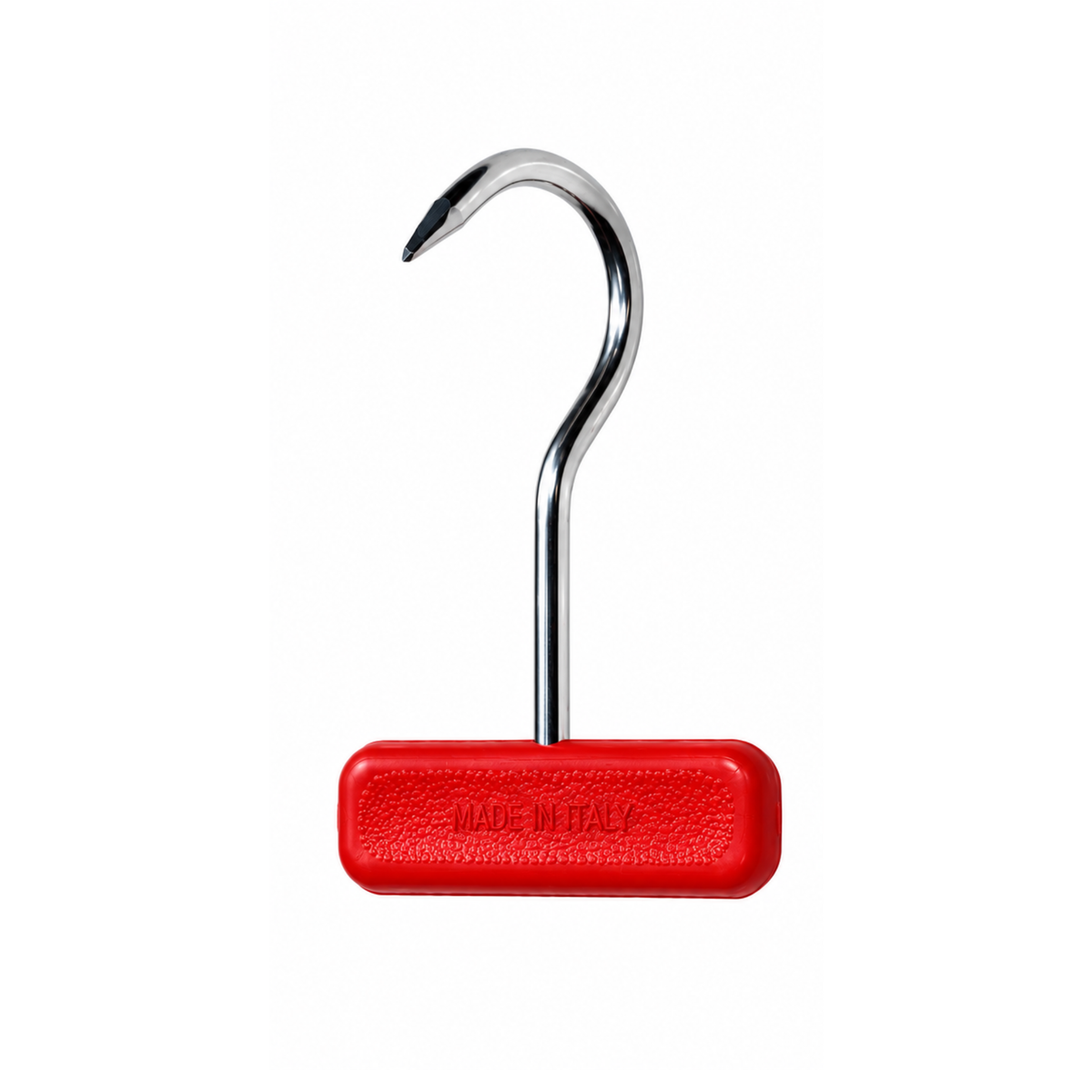 Boning grab hook with stainless steel curved hook, sharp point and red textured T-handle