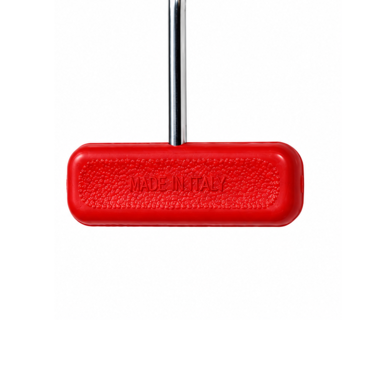 Close-up of red non-slip textured T-handle on Italian-made butcher's grab hook