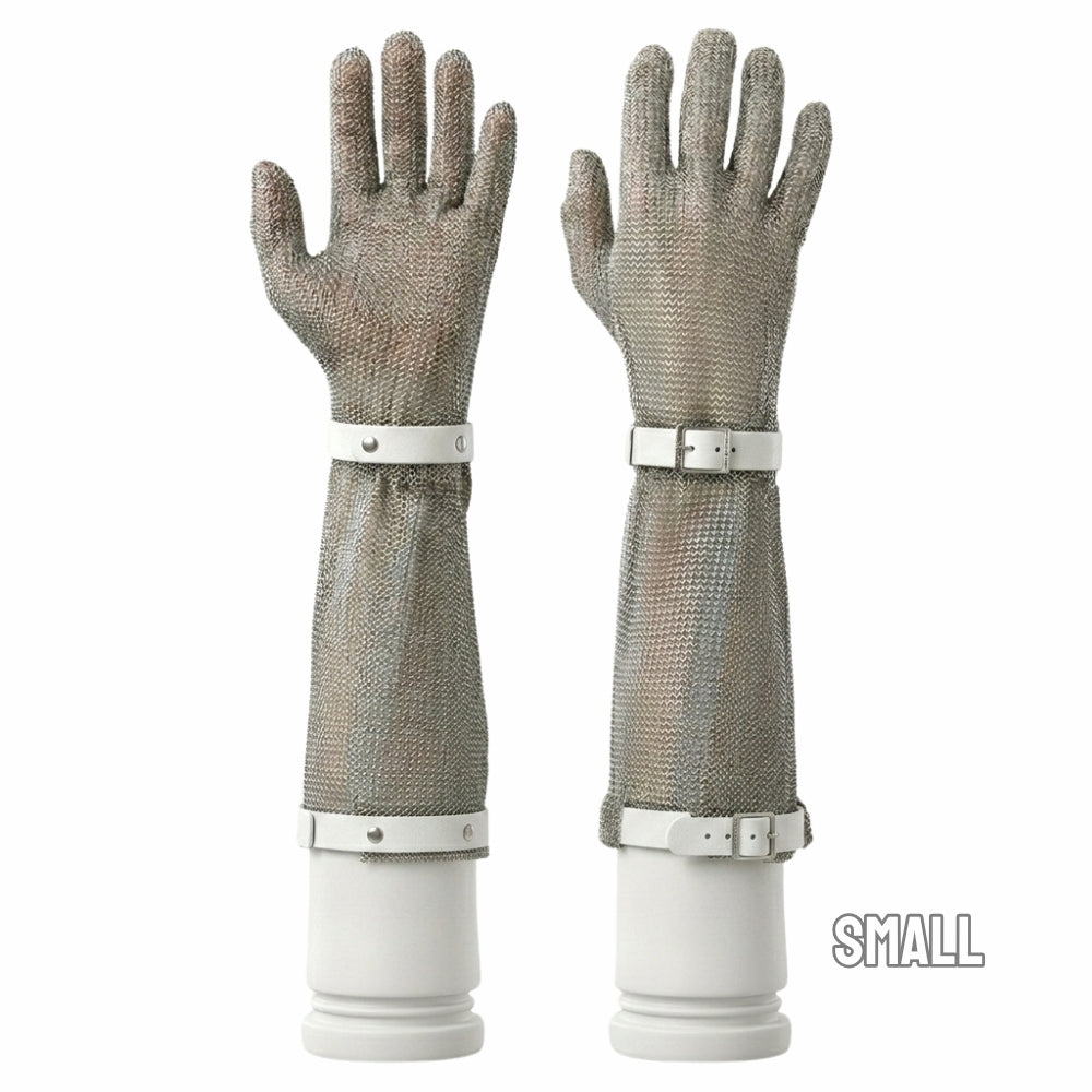Chainmail glove sleeve detail view - stainless steel butchers protective sleeve