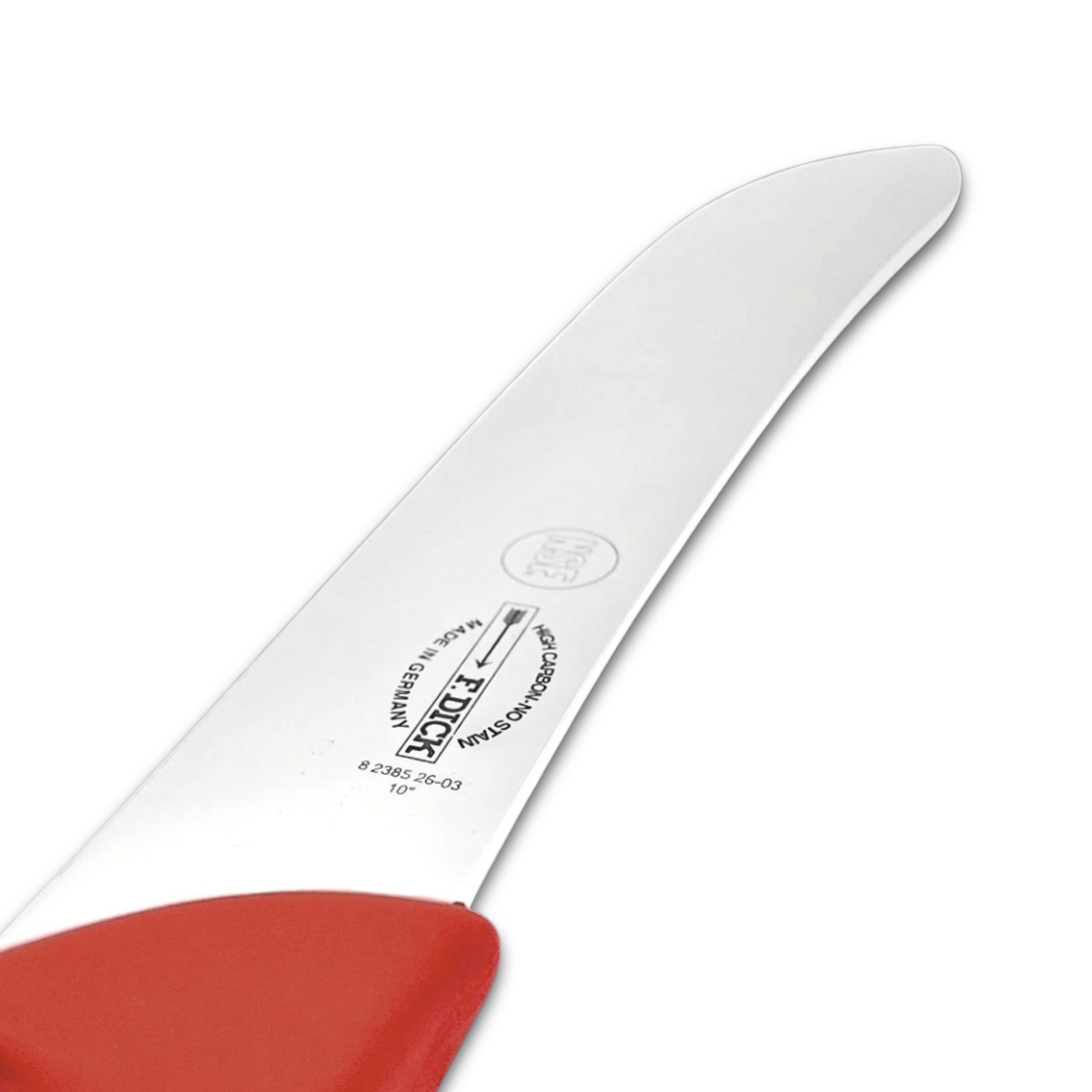 F Dick 10 inch steak knife white close-up - butchers slicing knife detail