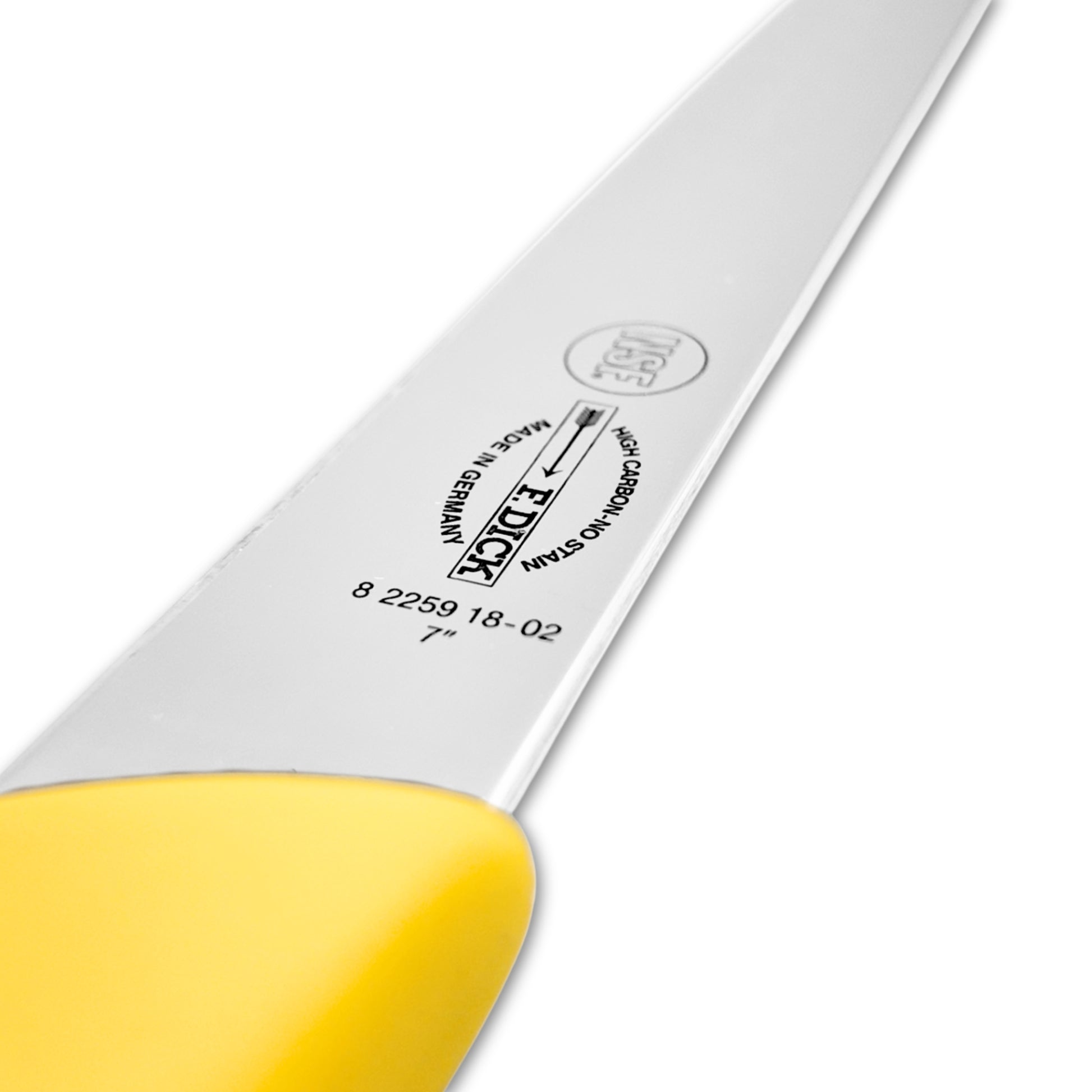 F Dick 7 inch blue boning knife close-up - butchers knife colour coded