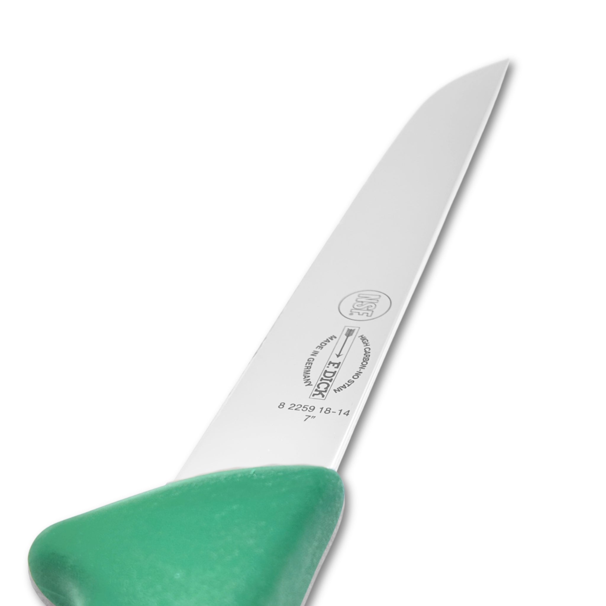 F Dick 7 inch green boning knife close-up - butchers boning blade