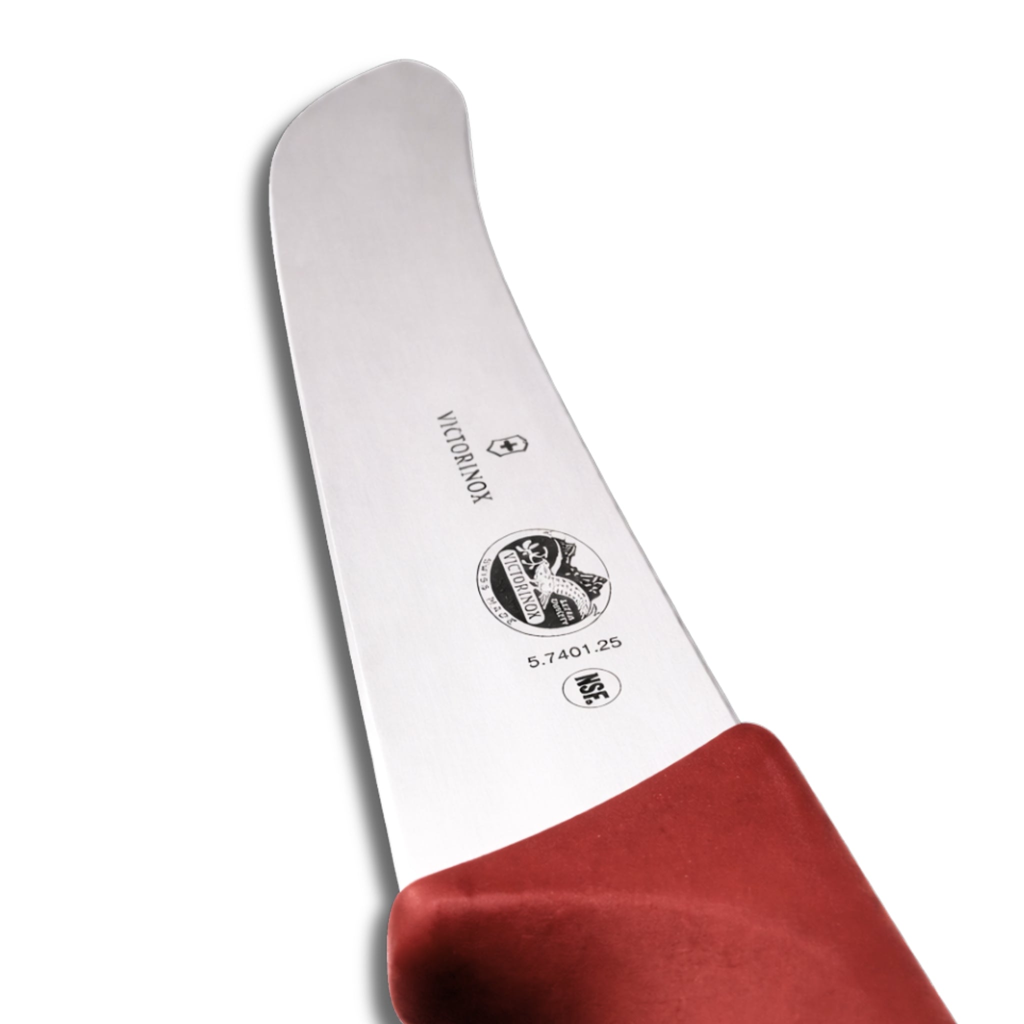 Victorinox 10 Inch Safety Nose Knife Blade Close-Up - Commercial Butcher Steak Knife Red