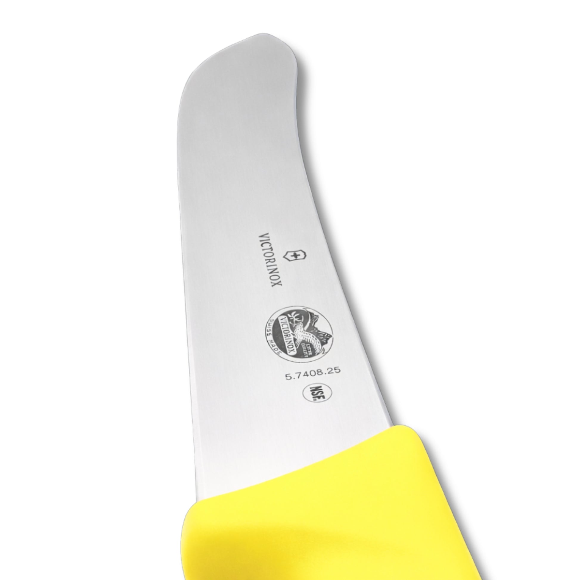 Victorinox 10 Inch Yellow Steak Knife Blade Close-Up - Commercial Butcher Safety Nose Knife