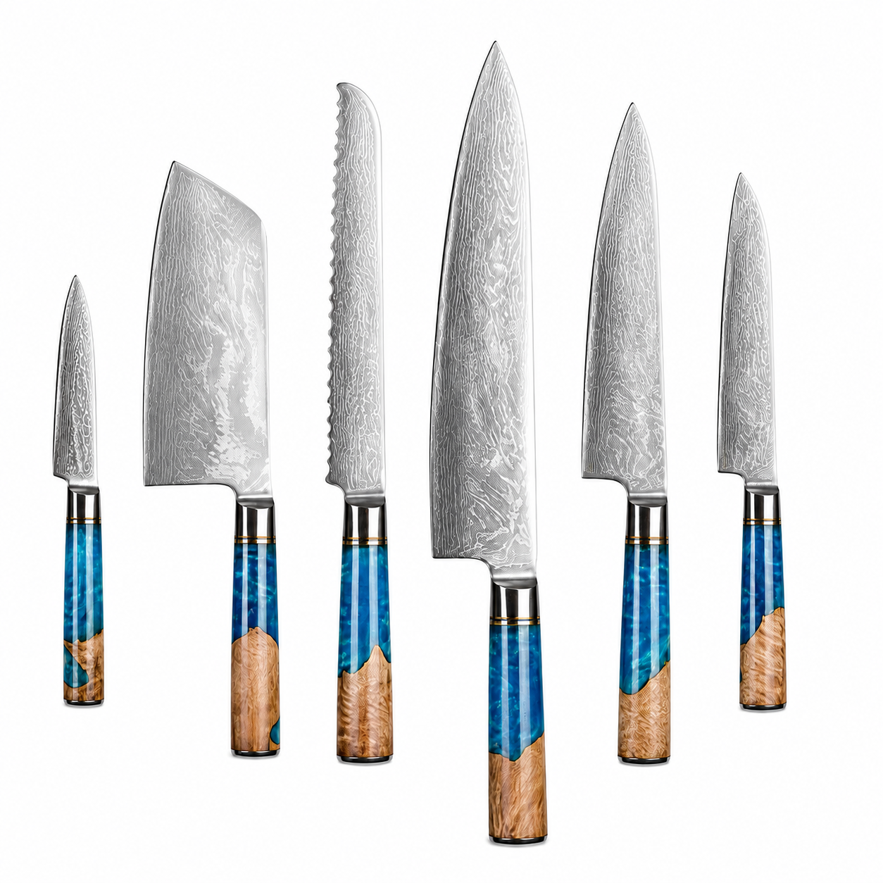 Japanese Damascus Steel Knife Set with Blue Resin handle