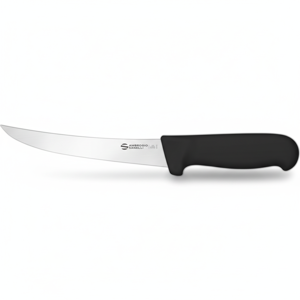 Ambrogio Sanelli Curved Stiff Boning Knife 15cm Black Handle - Professional Butcher Boning Blade