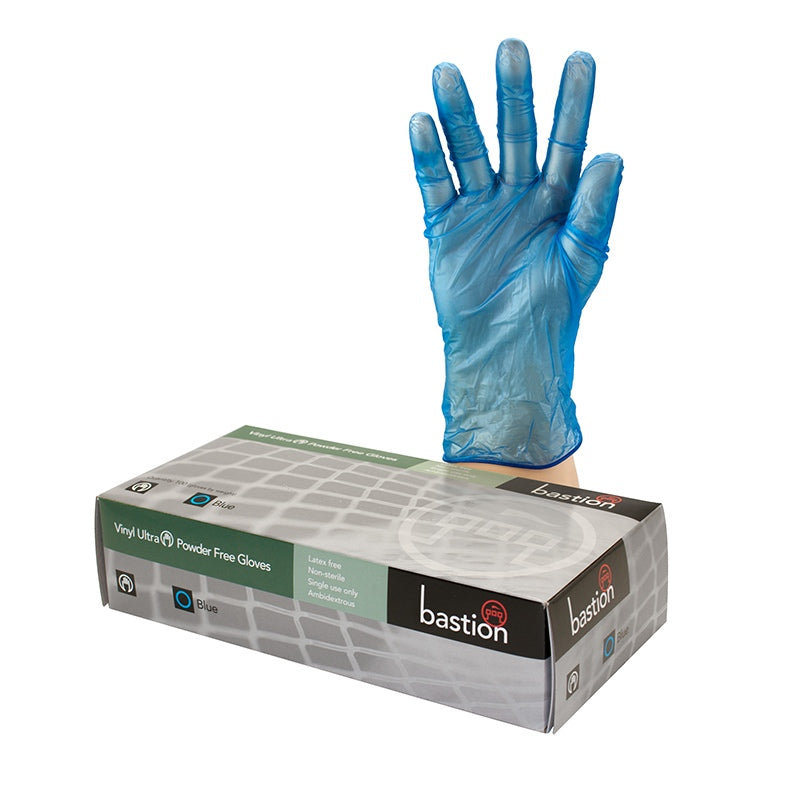 Bastion Vinyl Ultra Powder Free Gloves Blue - Disposable PPE Gloves for Butchers Food Handling