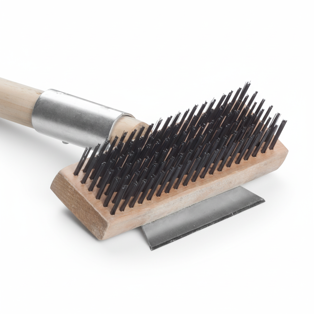 Long handle grill brush with scraper - butchers grill cleaning tool