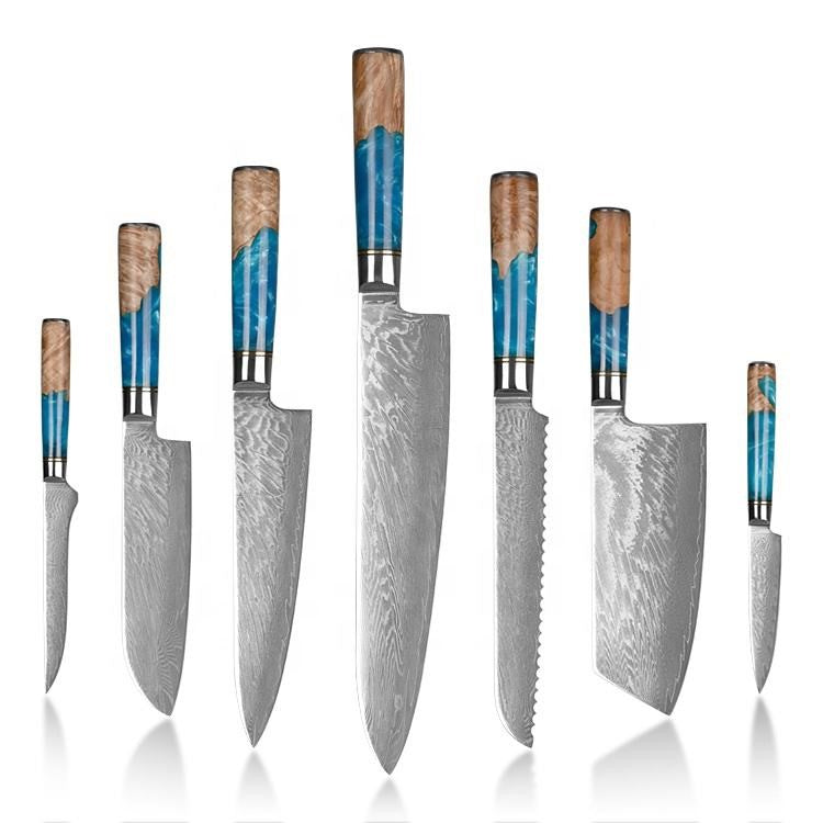 Japanese Damascus Steel Knife Set Blue Resin Handle Side - Professional Chef Kitchen Knives