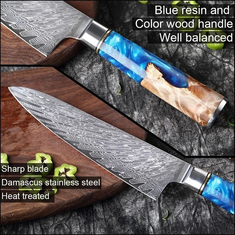 Japanese Damascus Steel Knife Set Detail - Professional Chef Kitchen Knife Collection