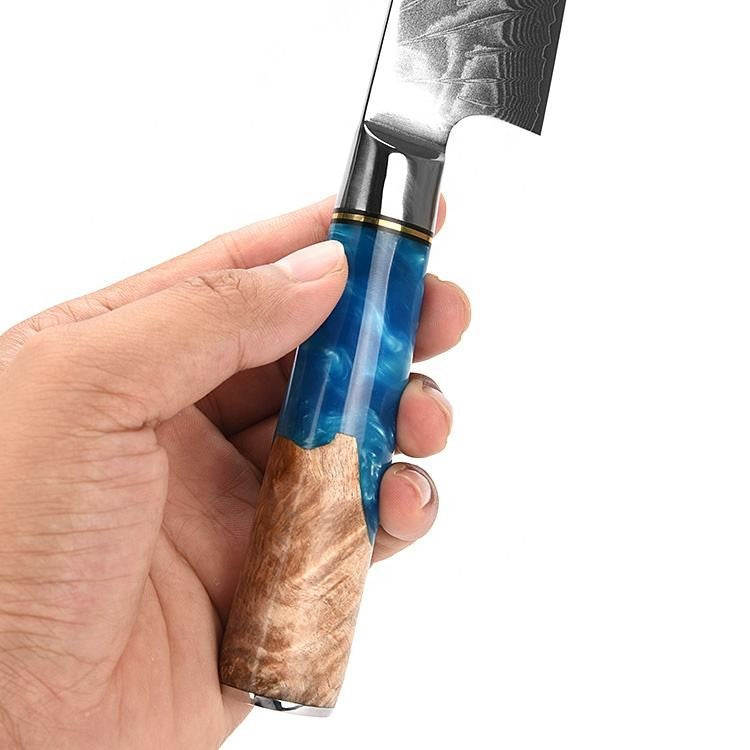 Japanese Damascus Steel Knife Set Full View Blue Resin - Professional Commercial Chef Knives