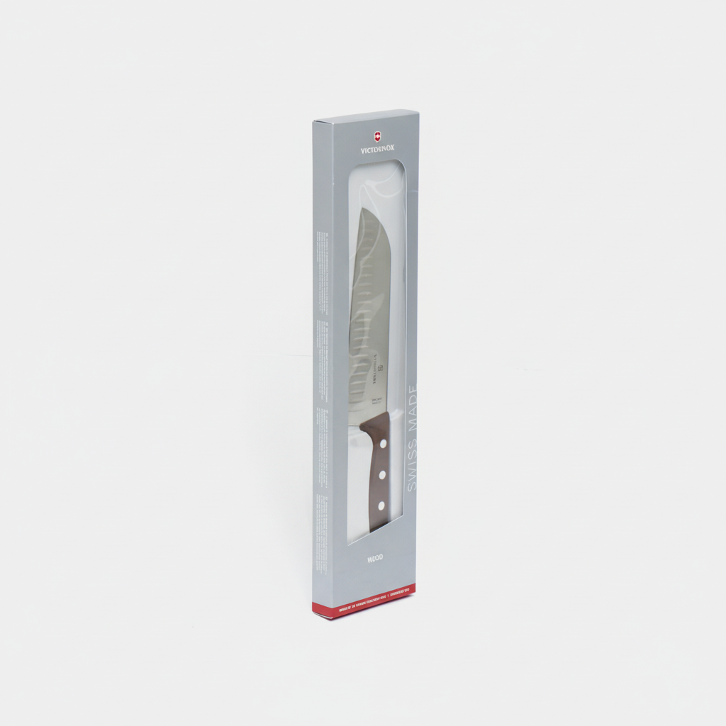 Victorinox 7 Inch Wood Santoku Fluted Knife Detail - Professional Chef Cooking Knife