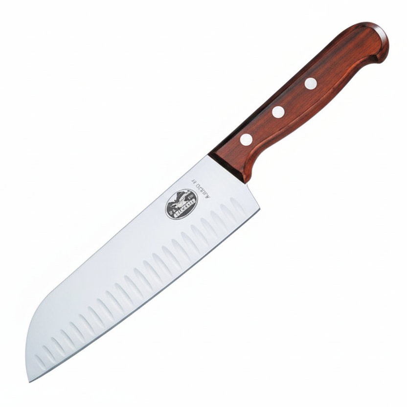 Victorinox 7 Inch Santoku Fluted Knife Wood Handle Side View - Professional Kitchen Knife