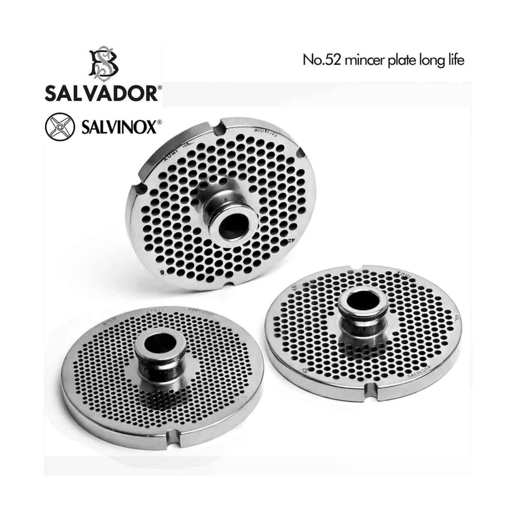 No.52 (42mm) meat mincer plate close-up showing precision cutting holes for butchers