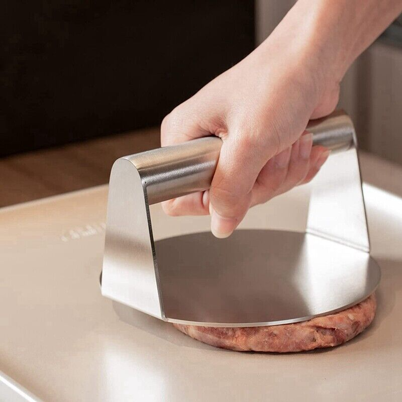Stainless Steel Smash Burger Press Angled View - Commercial Burger Patty Press