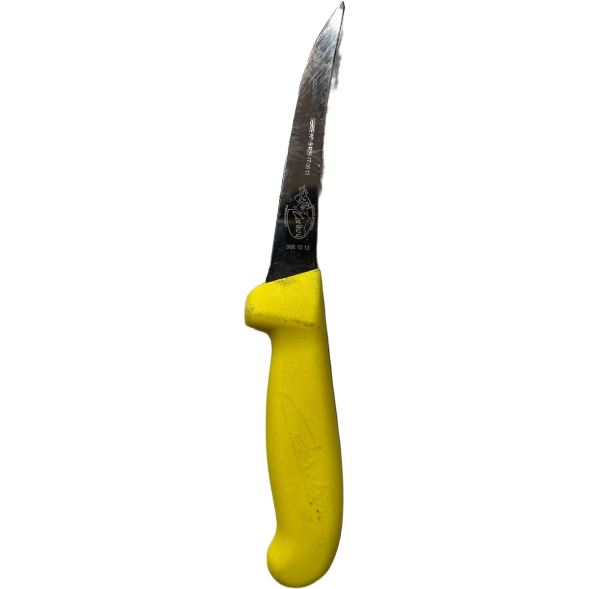 Refurbished Caribou Boning Knife 13cm Yellow Handle - Semi-Rigid Curved Butcher Blade