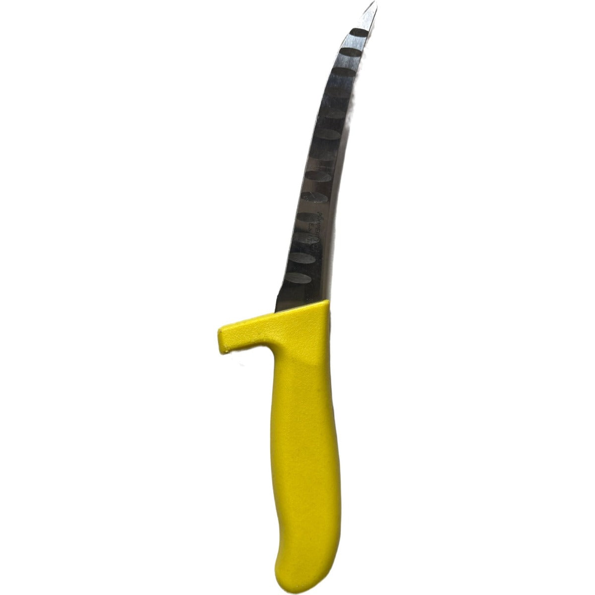 Refurbished yellow curved rigid scalloped knife with safety handle - butchers knife