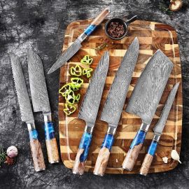 Japanese Damascus Steel Knife Set with Blue Resin handle